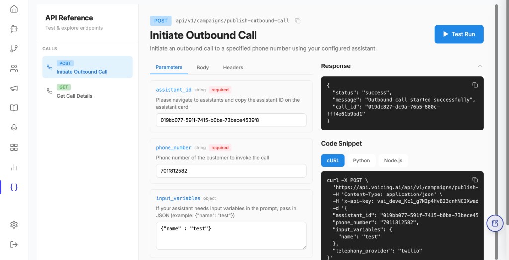 POST Initiate Outbound Call — parameters