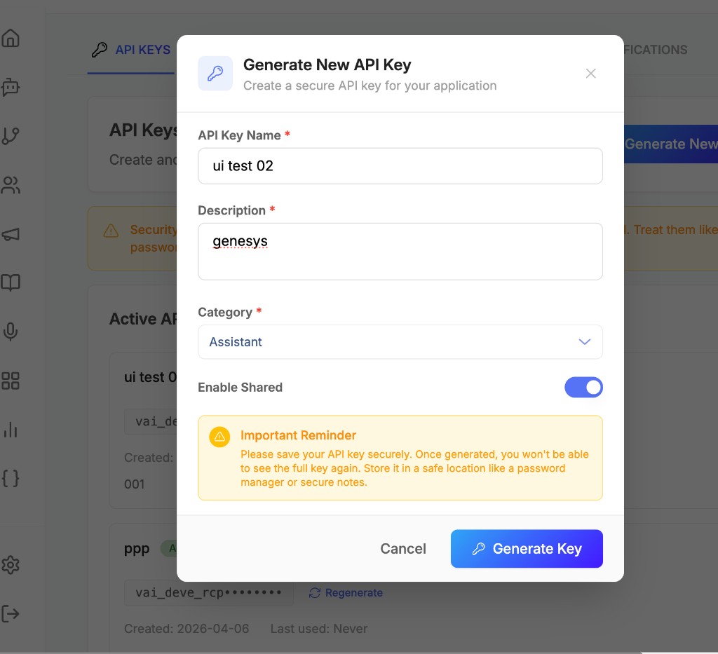 Generate a new API key (Category: Assistant)