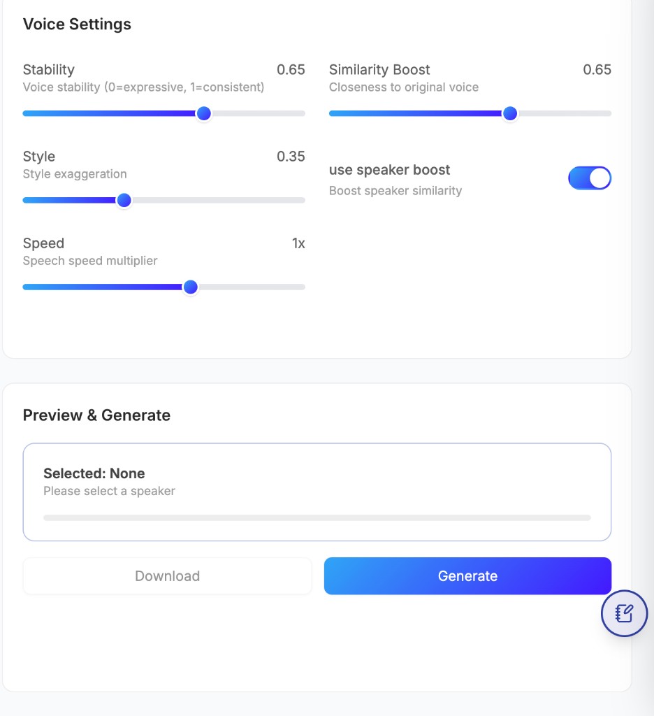 Generate voices settings and preview