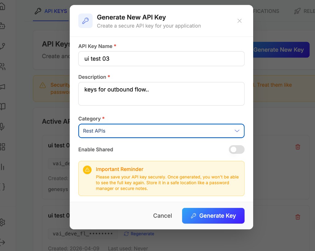 Generate the API key under Rest APIs category