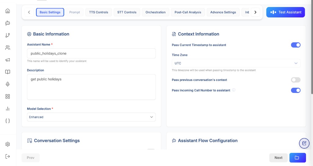 Assistant basic context before post-call setup