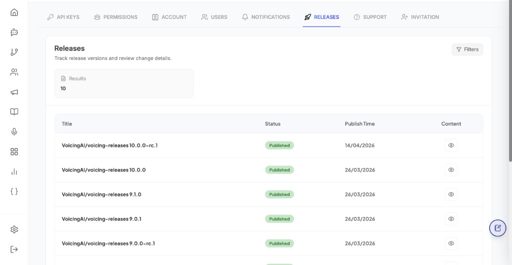 Releases list showing published changelogs
