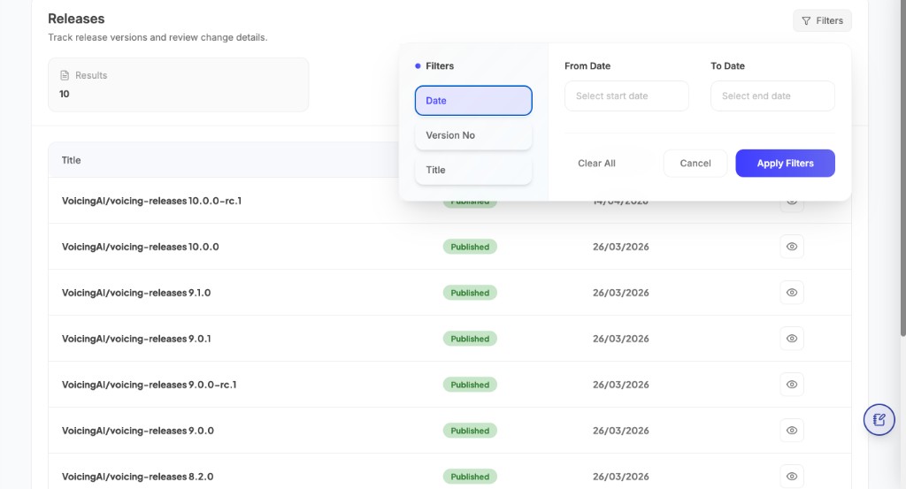 Filters panel in Releases tab