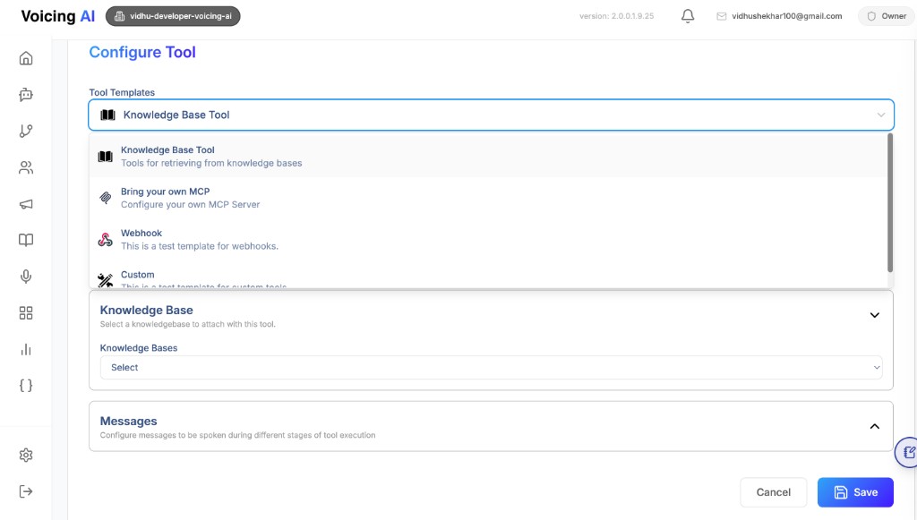 Select the Knowledge Base Tool template
