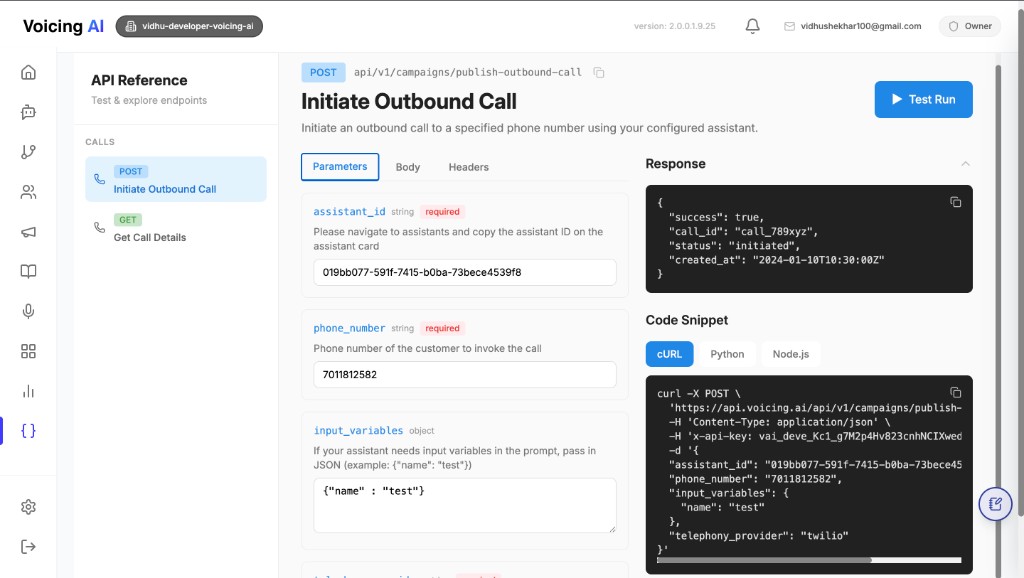 Initiate Outbound Call in API Reference