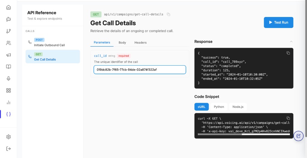 GET Get Call Details in API Reference