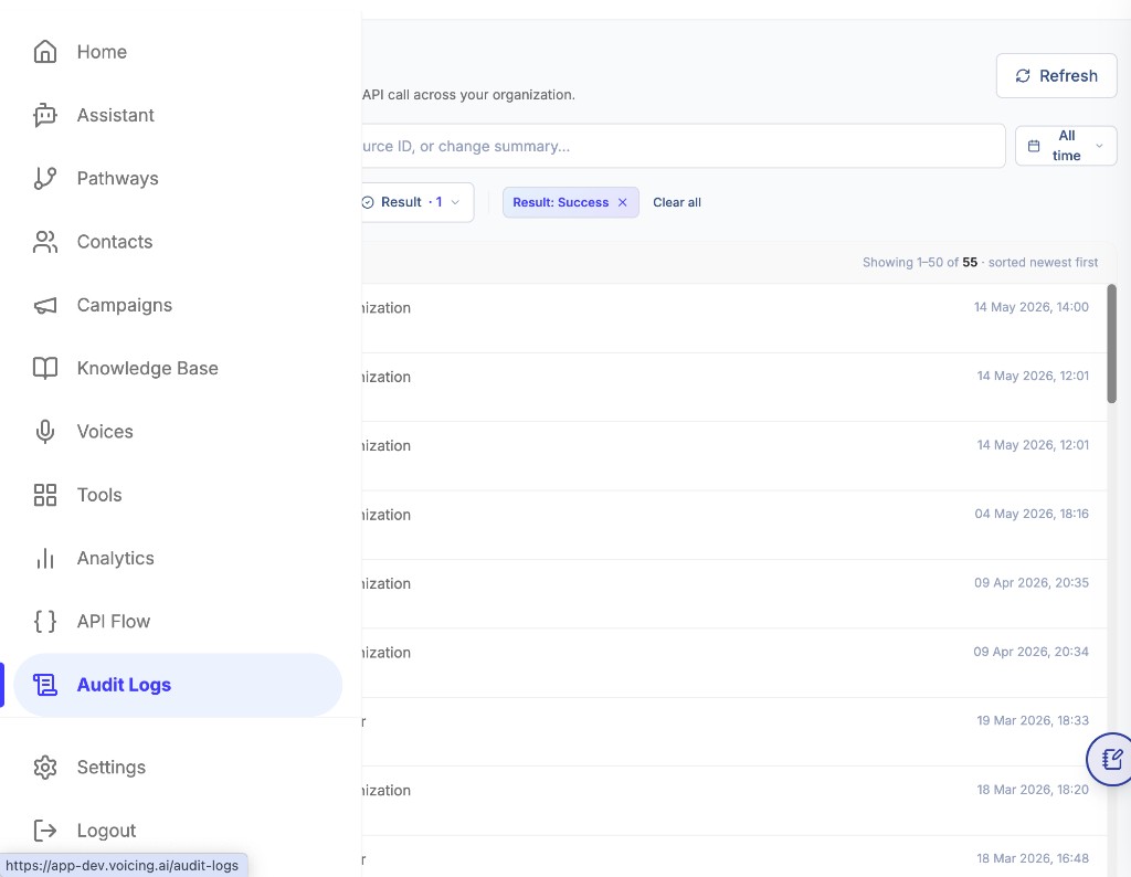 Audit Logs page with search, filters, and event list