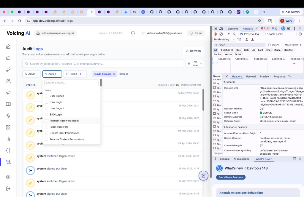 Action filter open showing USER category