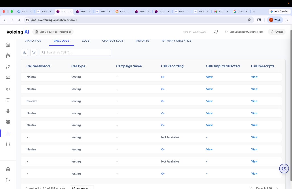 Call Logs with sentiments, recordings, and transcripts