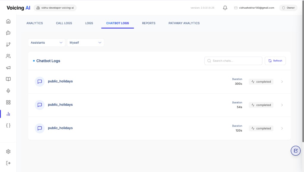Chatbot Logs tab